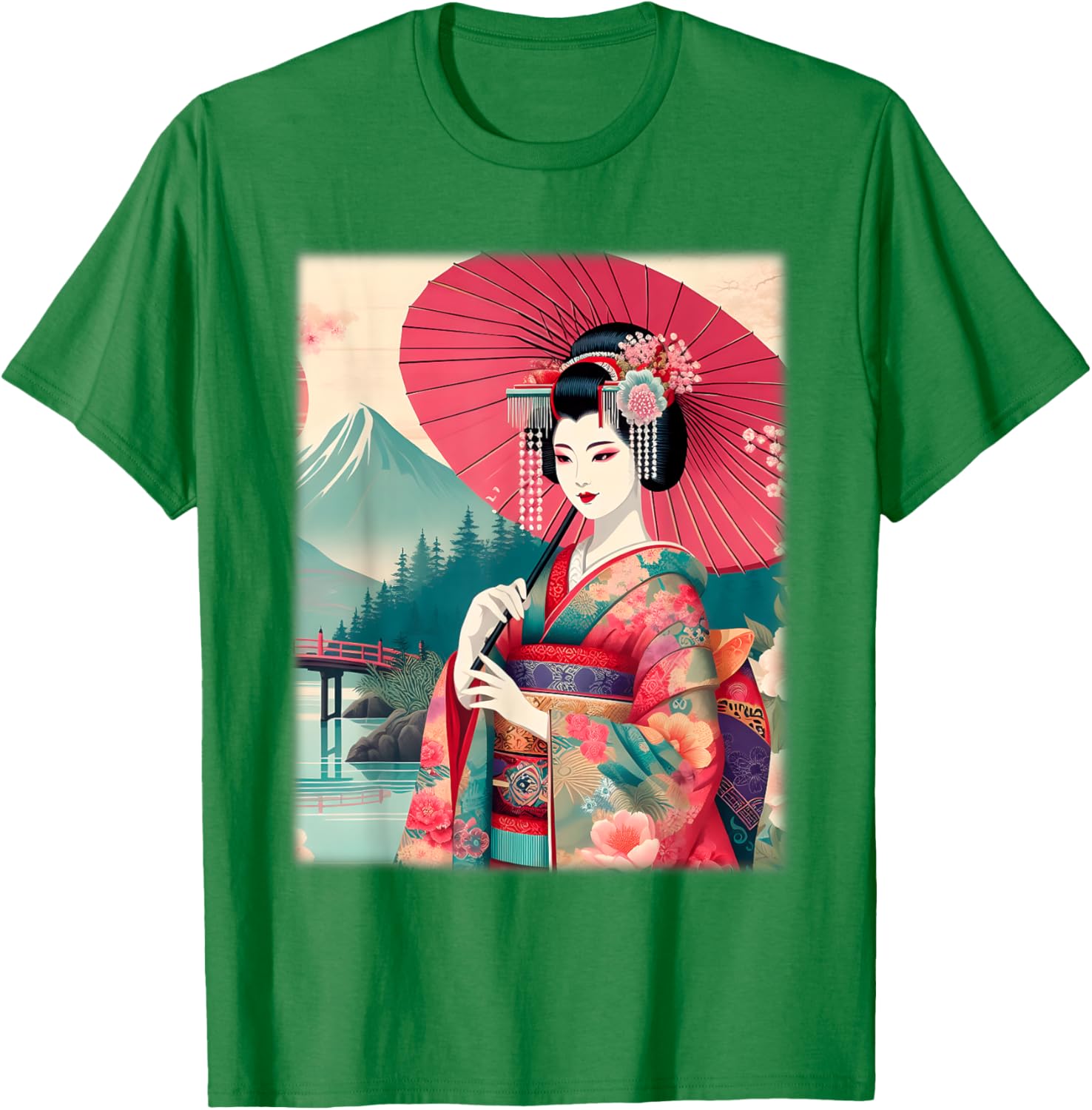 Traditional Japanese Geisha Women's T-Shirt with Hanami Woodblock Art - 11