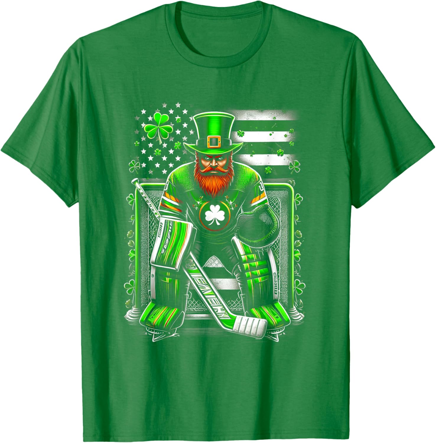 American Flag Hockey Goalie Shamrock T-Shirt for Saint Patrick's Day - 9