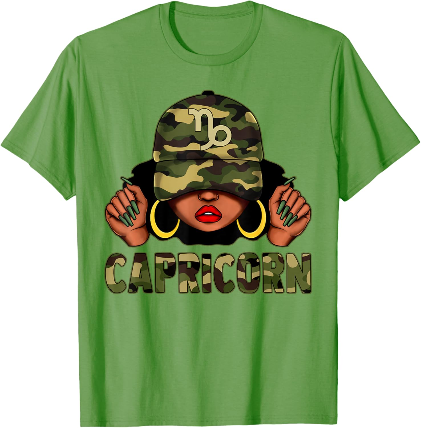 Capricorn Queen Black Woman with Camo Cap Afro Zodiac T-Shirt - 18