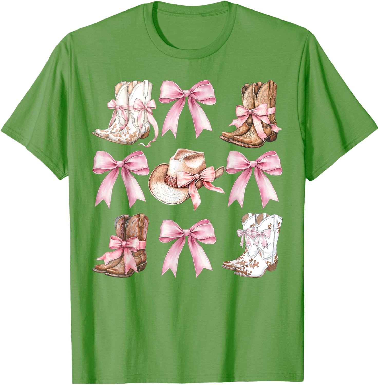 Coquette Cowgirl Boots with Pink Bows Stylish Y2K Womens T-Shirt - 17