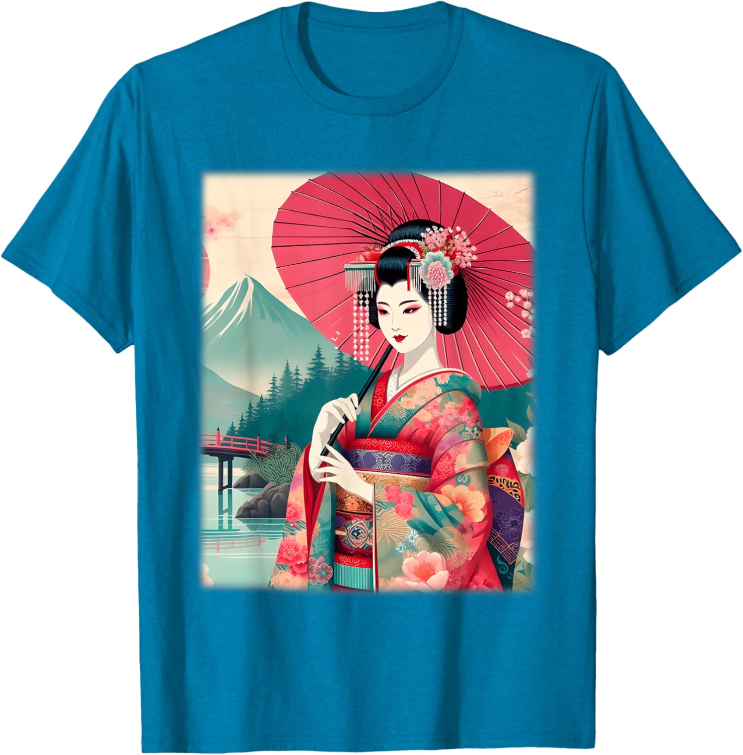 Traditional Japanese Geisha Women's T-Shirt with Hanami Woodblock Art - 9