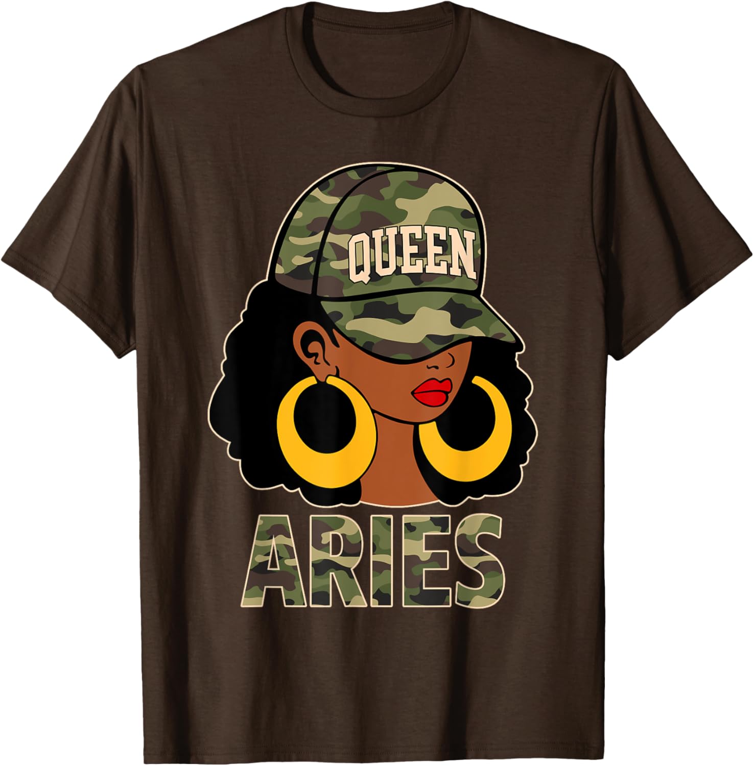 Chic Aries Queen Black Woman Cap Hat and Camo Afro Girl Zodiac T-Shirt - 18