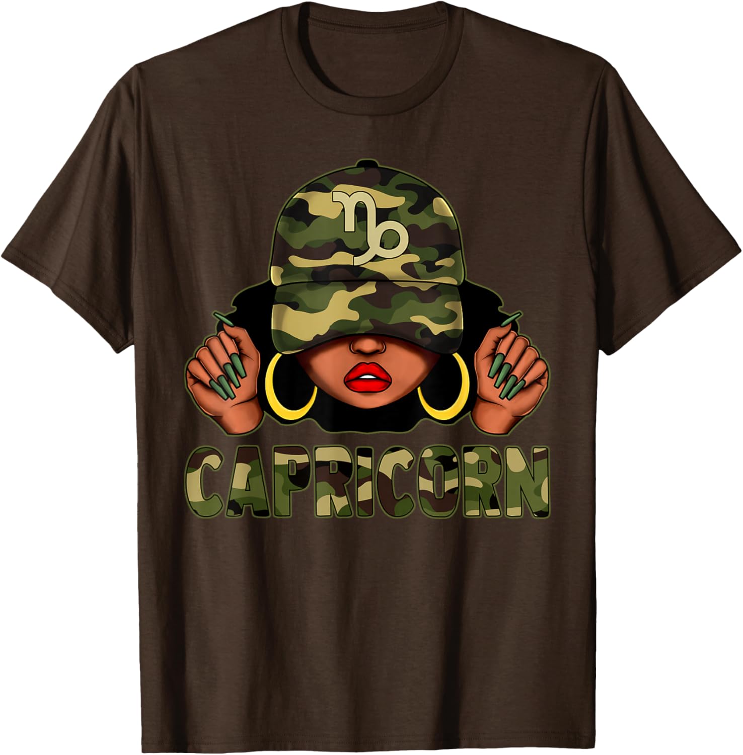 Capricorn Queen Black Woman with Camo Cap Afro Zodiac T-Shirt - 21