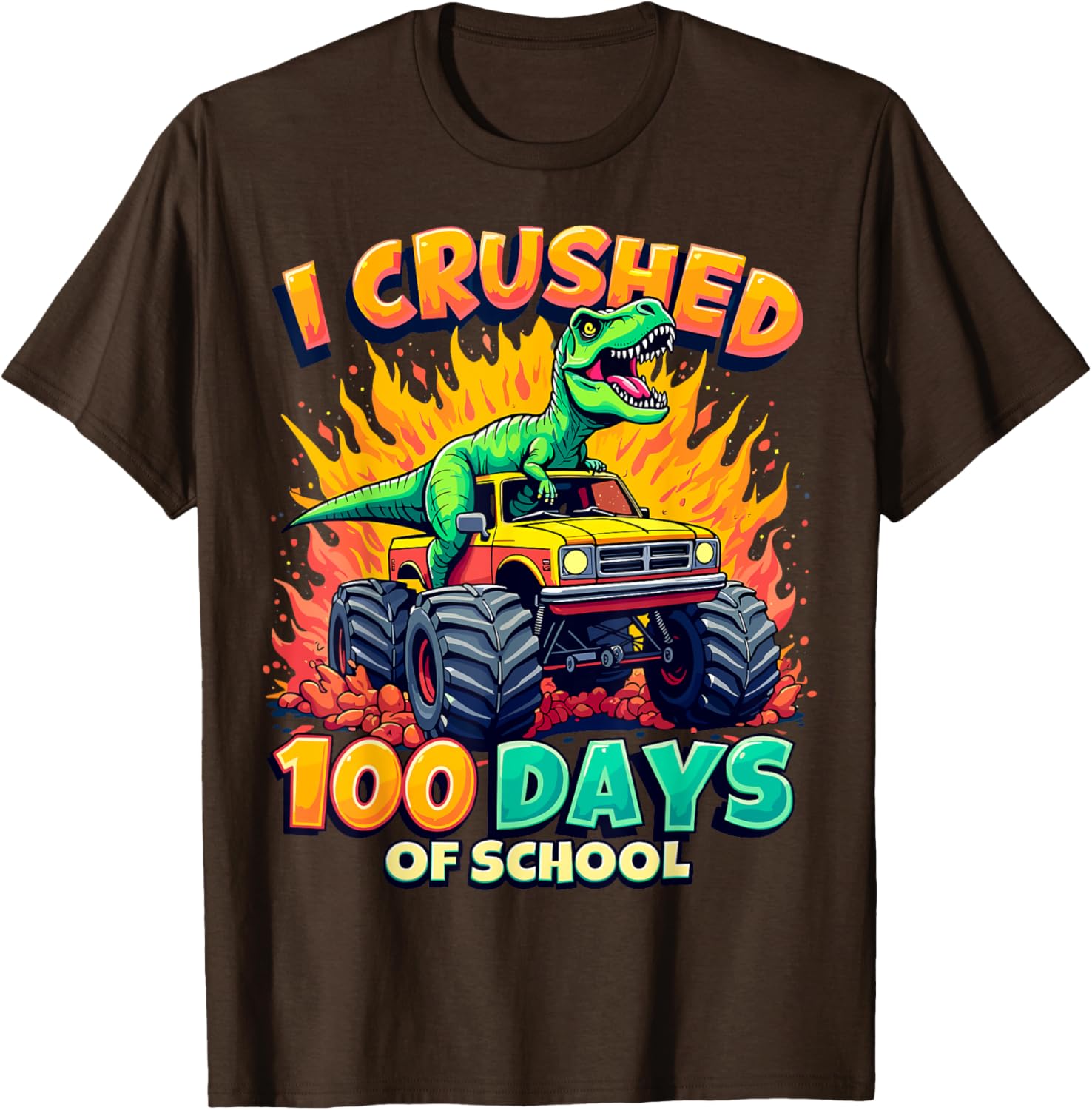 Crushed 100 Days of School Monster Truck Dinosaur T-Shirt for Kids - 12