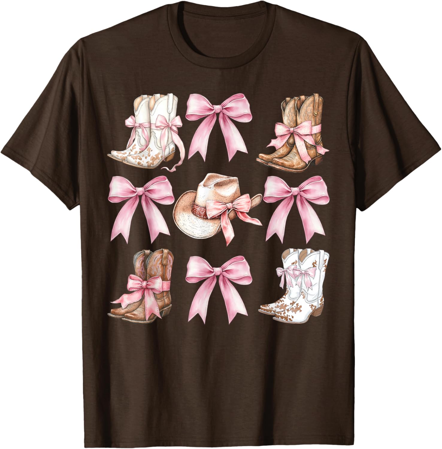 Coquette Cowgirl Boots with Pink Bows Stylish Y2K Womens T-Shirt - 25