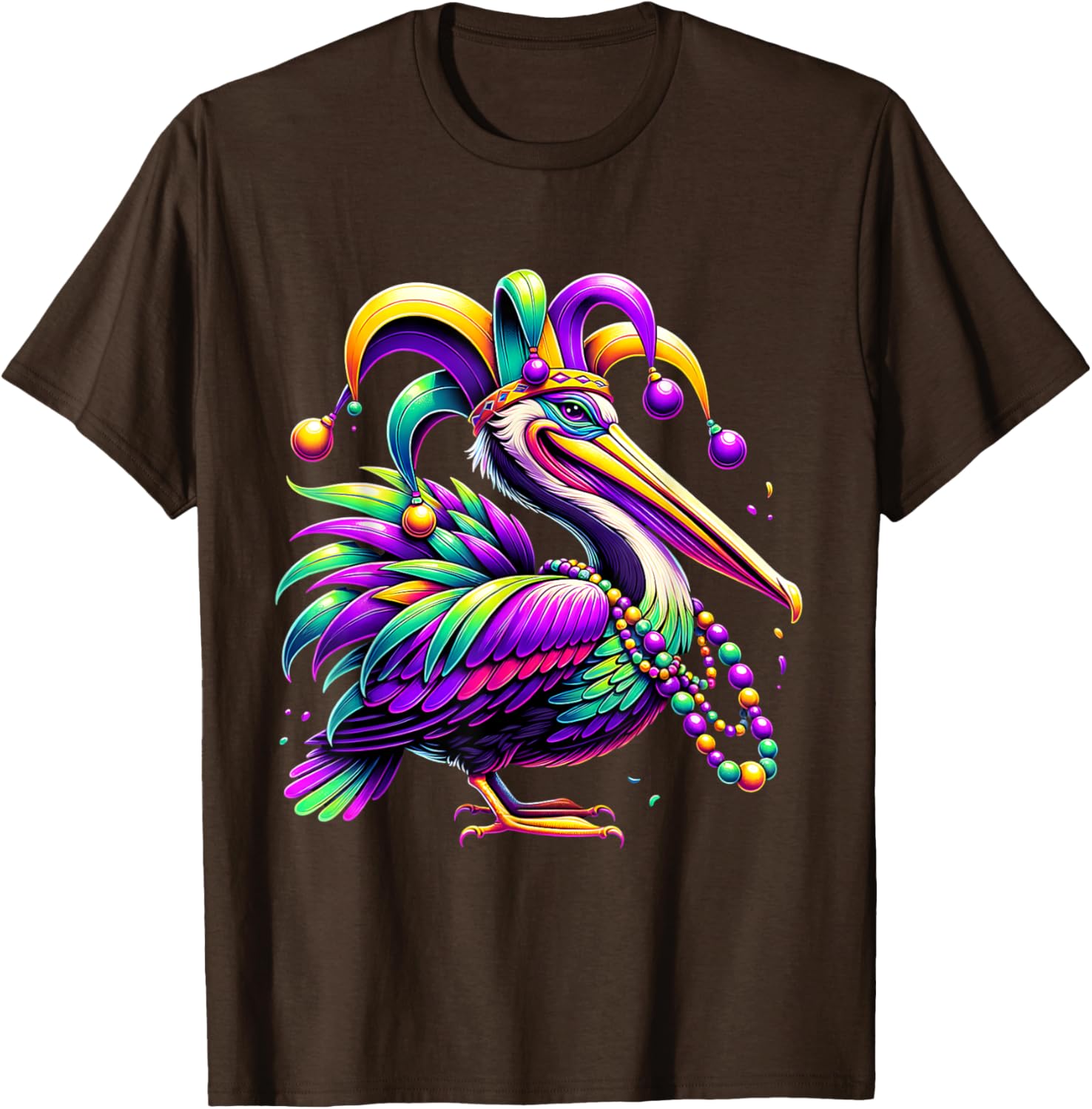 Colorful Mardi Gras Pelican Jester Hat Beads T-Shirt for Festive Fun - 20