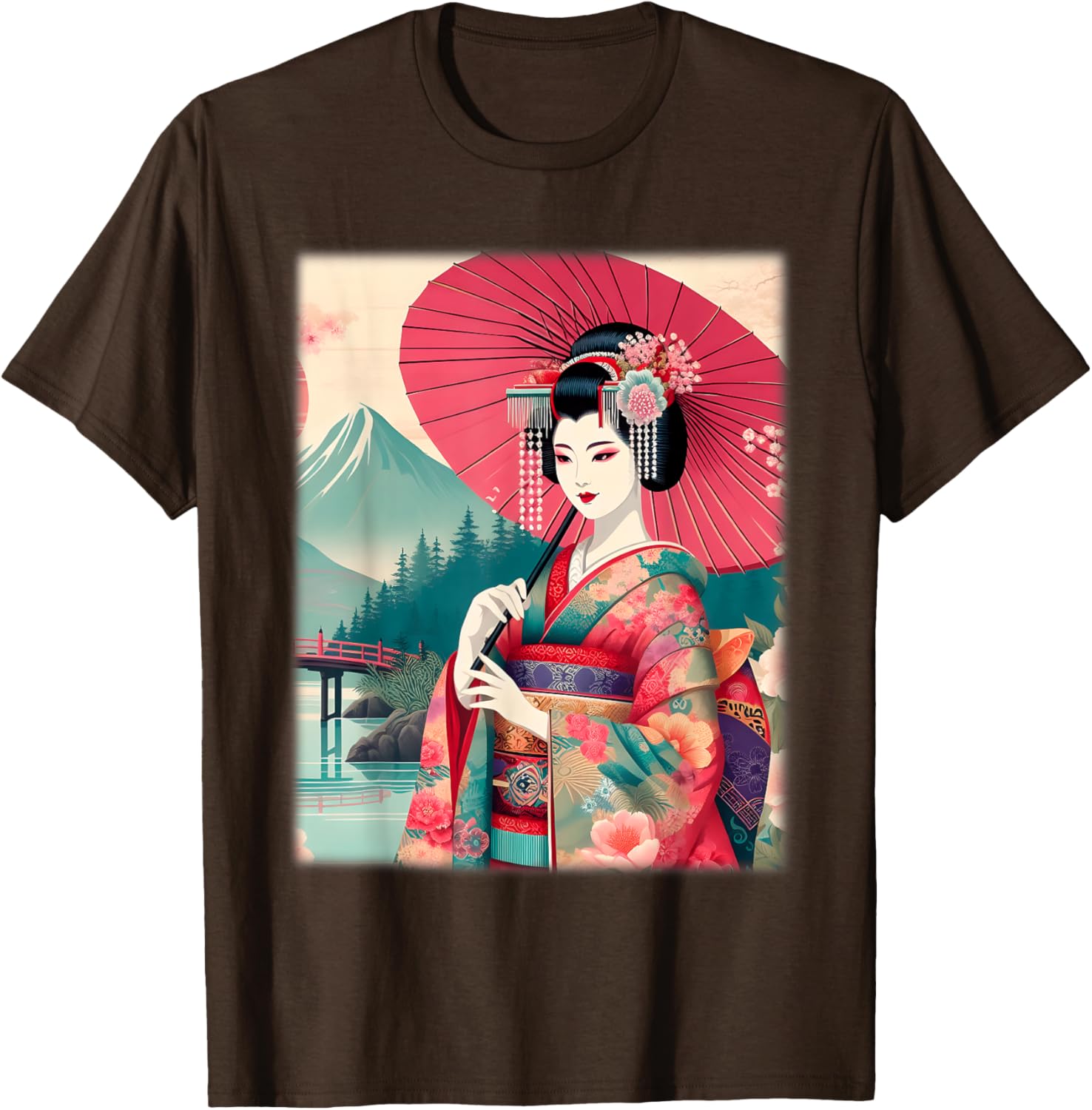 Traditional Japanese Geisha Women's T-Shirt with Hanami Woodblock Art - 4
