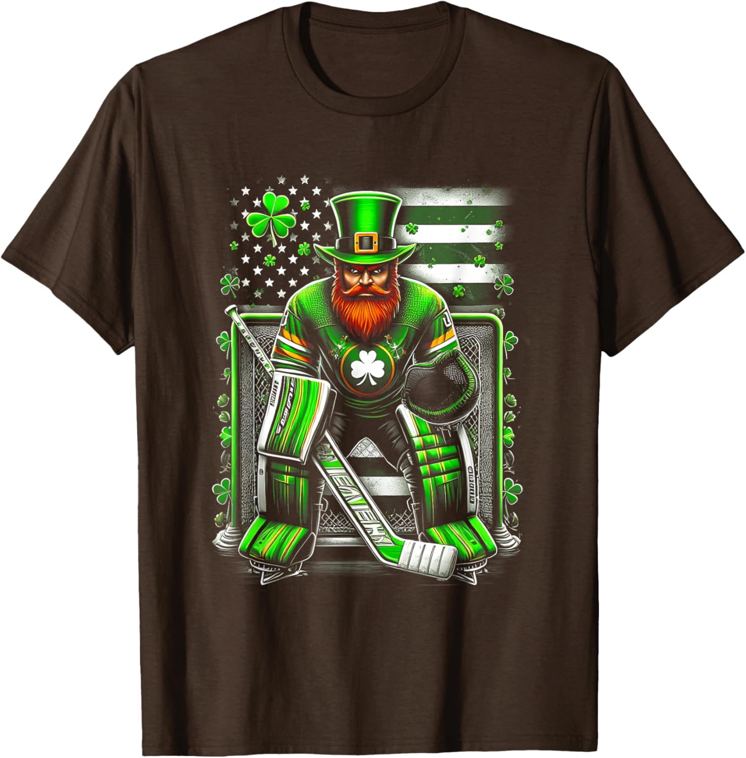 American Flag Hockey Goalie Shamrock T-Shirt for Saint Patrick's Day - 4