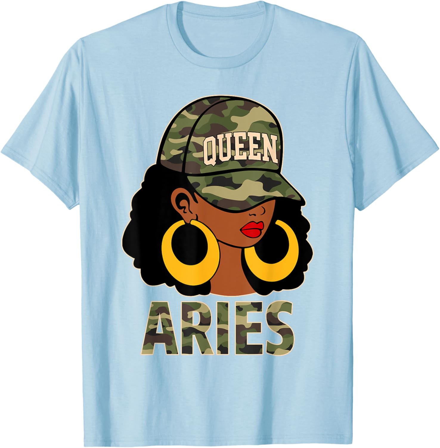 Chic Aries Queen Black Woman Cap Hat and Camo Afro Girl Zodiac T-Shirt - 13
