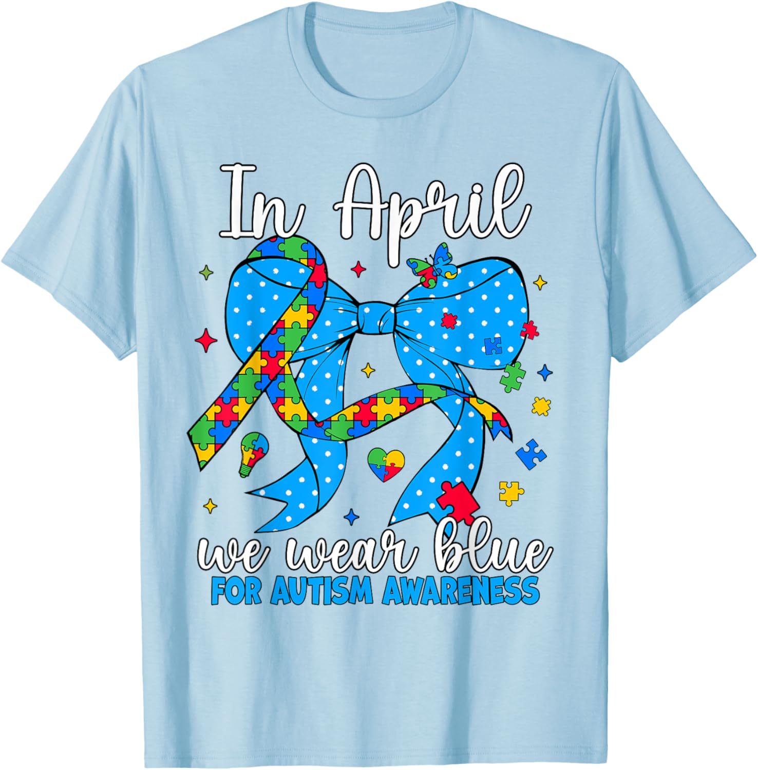 April Autism Awareness Blue Coquette Bow Puzzle T-Shirt for Support - 6
