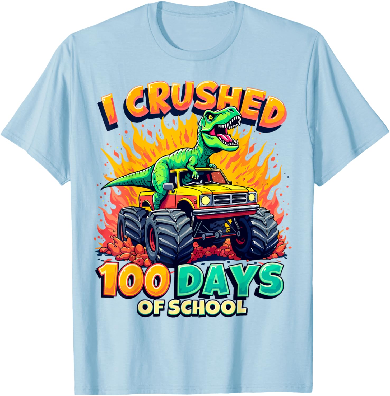 Crushed 100 Days of School Monster Truck Dinosaur T-Shirt for Kids - 9