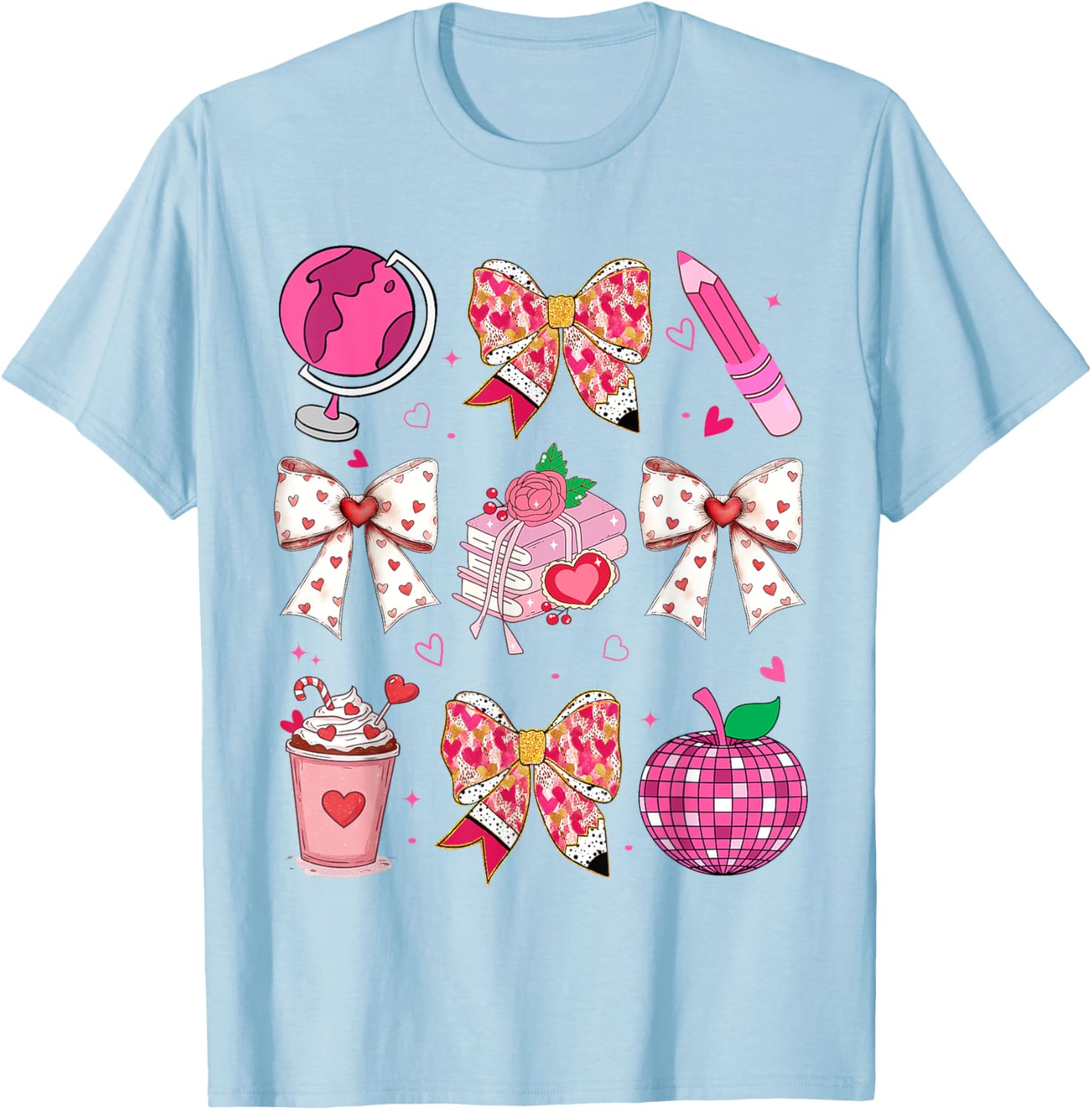 Valentine's Day Heart Bow T-Shirt for Teachers with Disco Ball Charm - 18