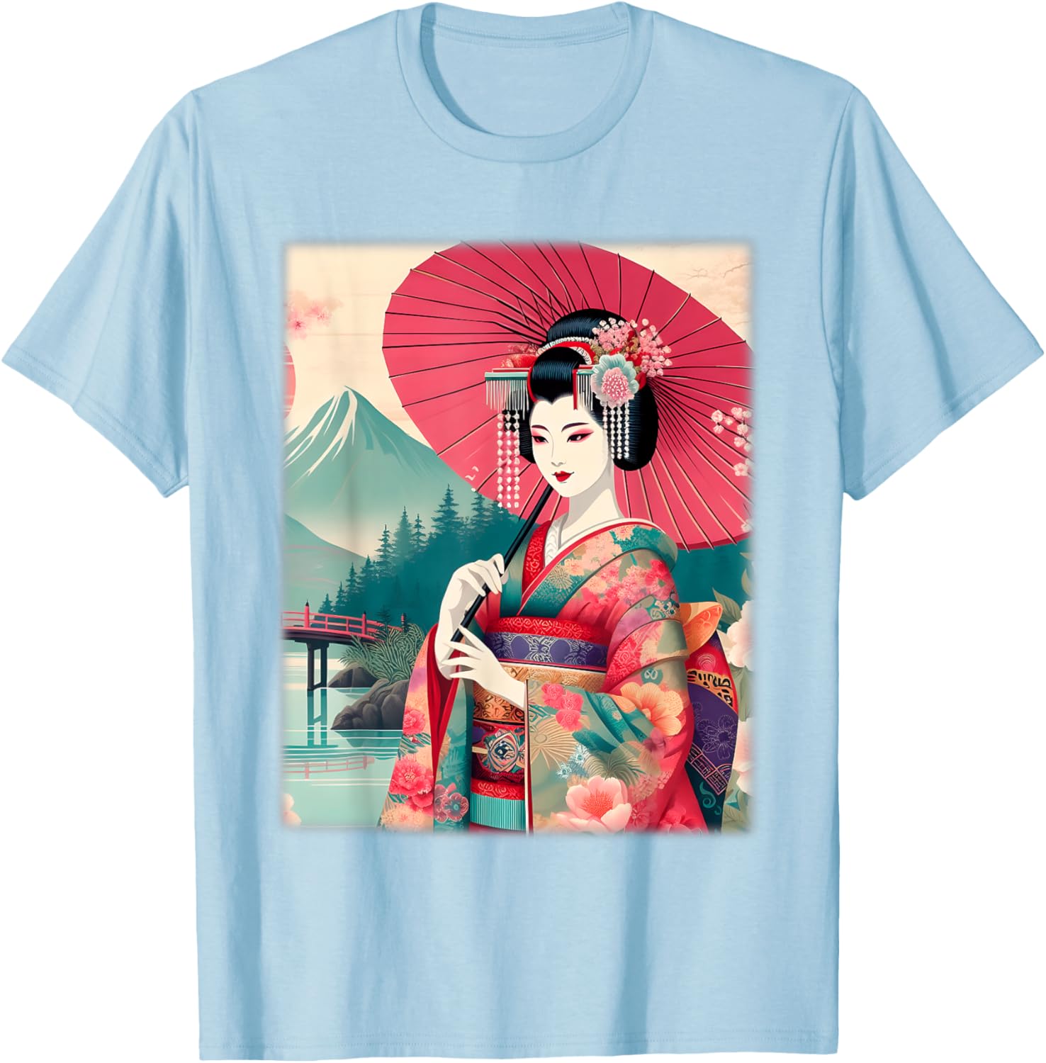 Traditional Japanese Geisha Women's T-Shirt with Hanami Woodblock Art - 17
