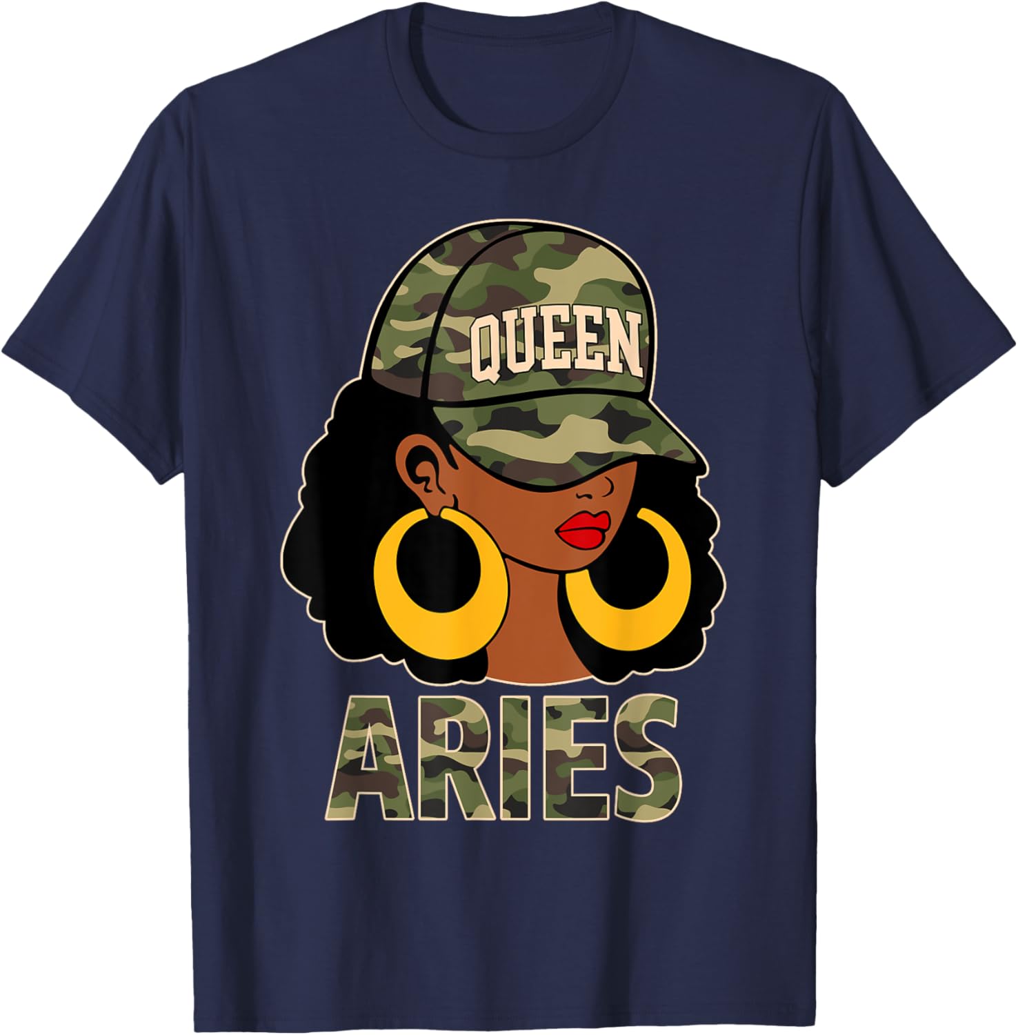 Chic Aries Queen Black Woman Cap Hat and Camo Afro Girl Zodiac T-Shirt - 10