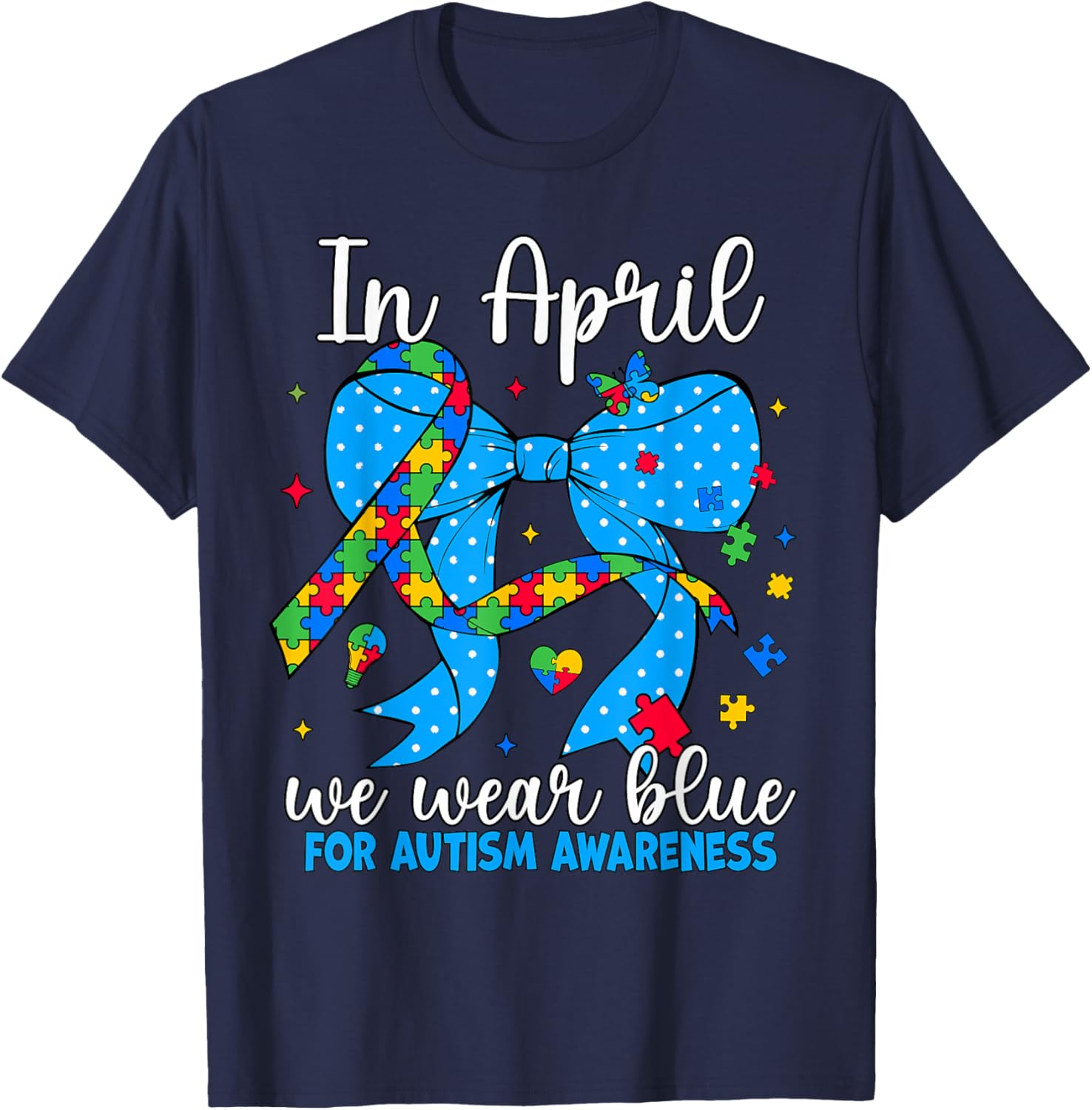 April Autism Awareness Blue Coquette Bow Puzzle T-Shirt for Support - 18