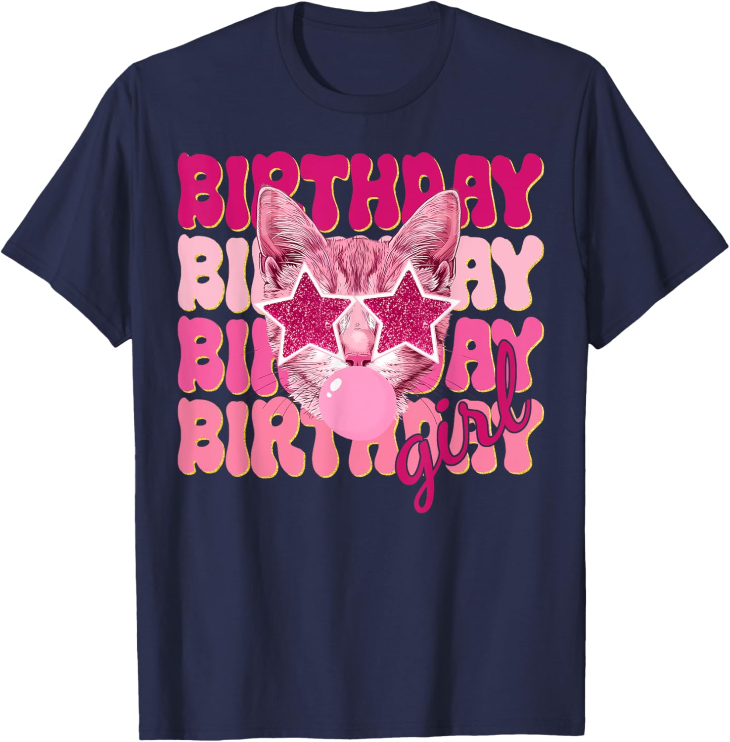 Birthday Girl Cat Bubble Blowing T-Shirt for Women Teens and Kids - 6