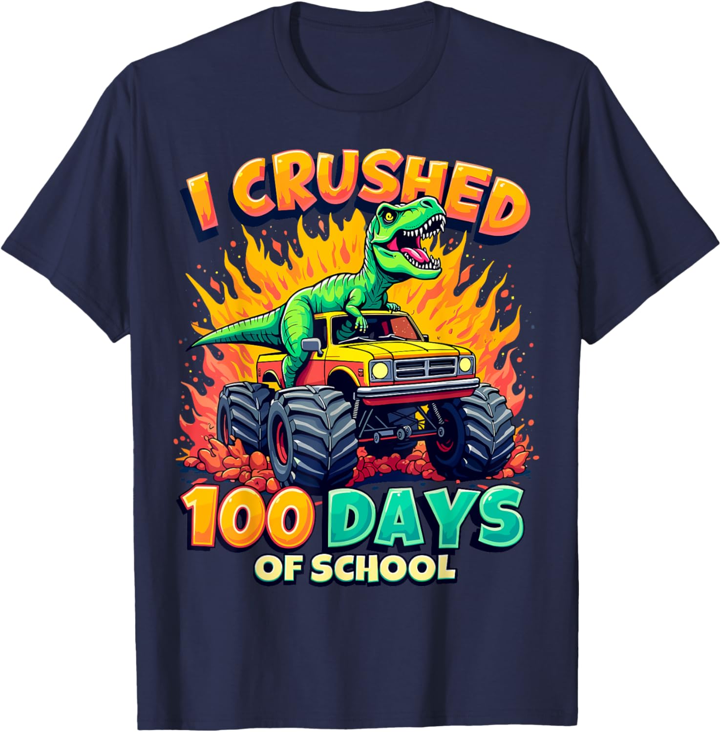 Crushed 100 Days of School Monster Truck Dinosaur T-Shirt for Kids - 6
