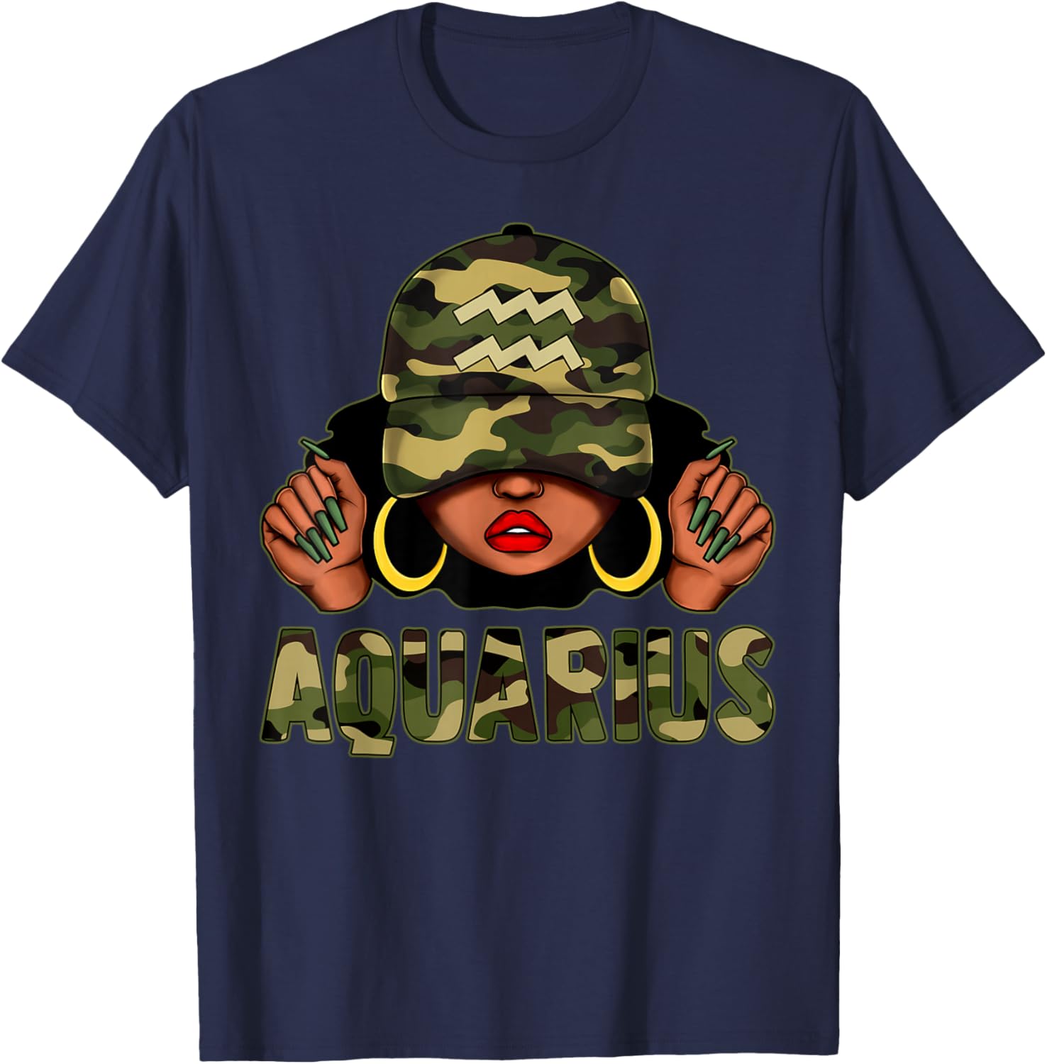 Aquarius Queen Black Woman Camo Afro T-Shirt Stylish Zodiac Apparel - 14