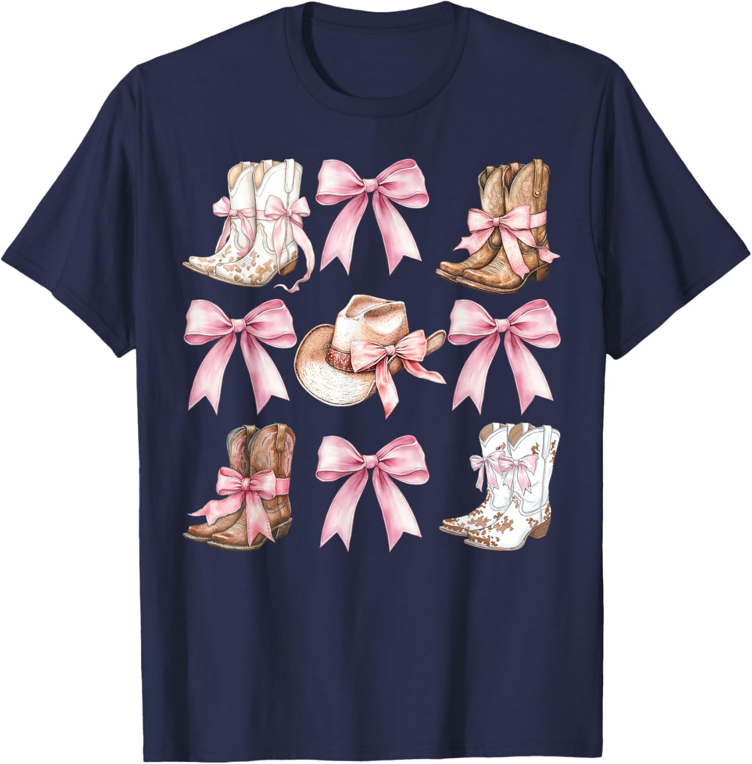 Coquette Cowgirl Boots with Pink Bows Stylish Y2K Womens T-Shirt - 10