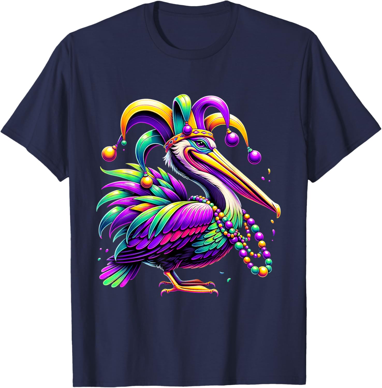 Colorful Mardi Gras Pelican Jester Hat Beads T-Shirt for Festive Fun - 14