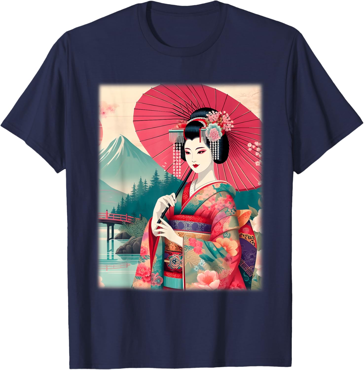 Traditional Japanese Geisha Women's T-Shirt with Hanami Woodblock Art - 28