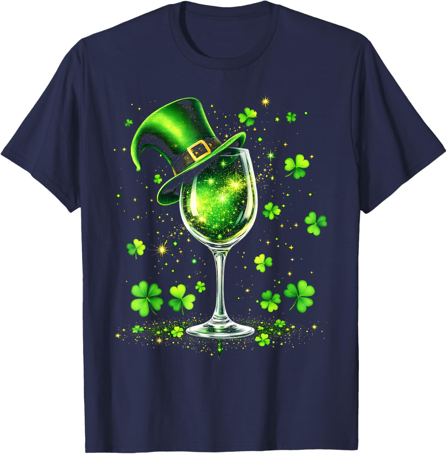St Patricks Day Shamrock Wine Glass and Leprechaun Hat T-Shirt - 13