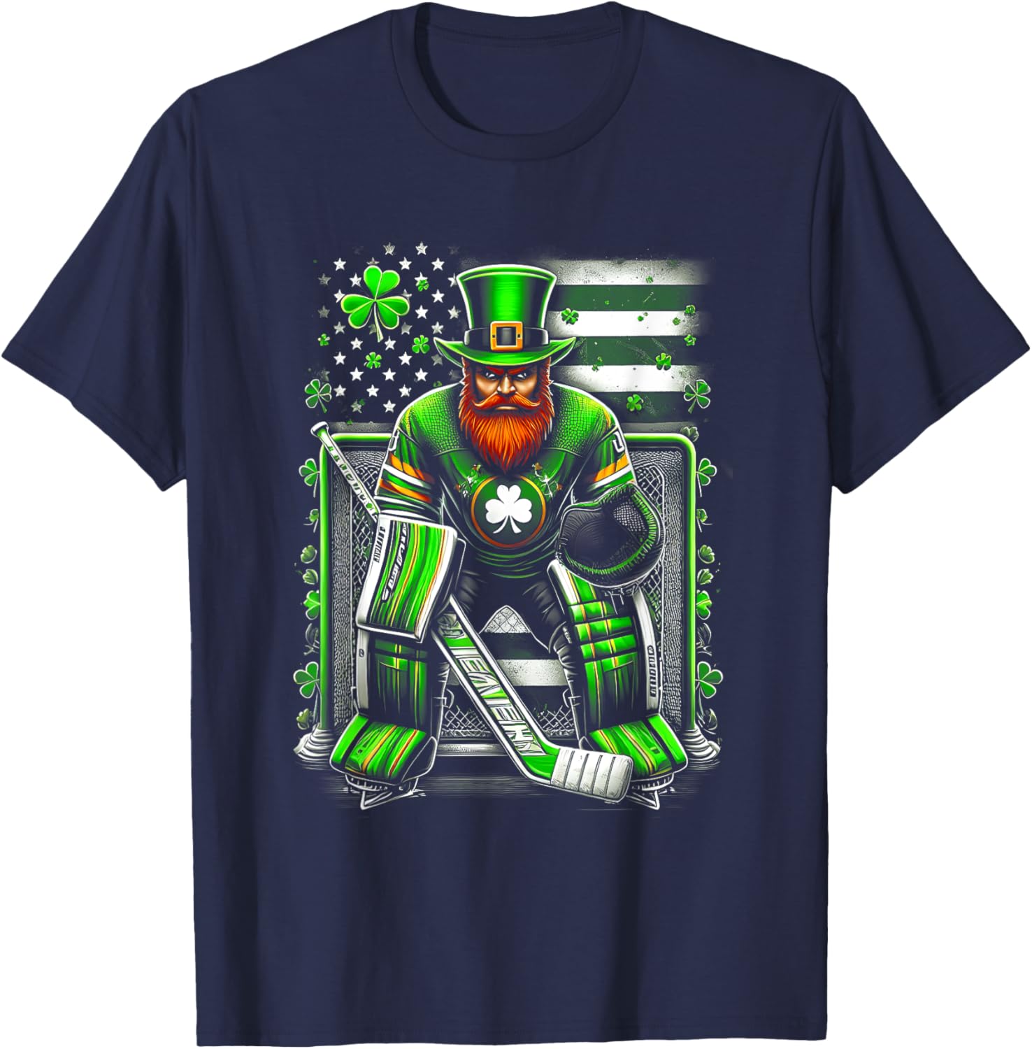 American Flag Hockey Goalie Shamrock T-Shirt for Saint Patrick's Day - 8