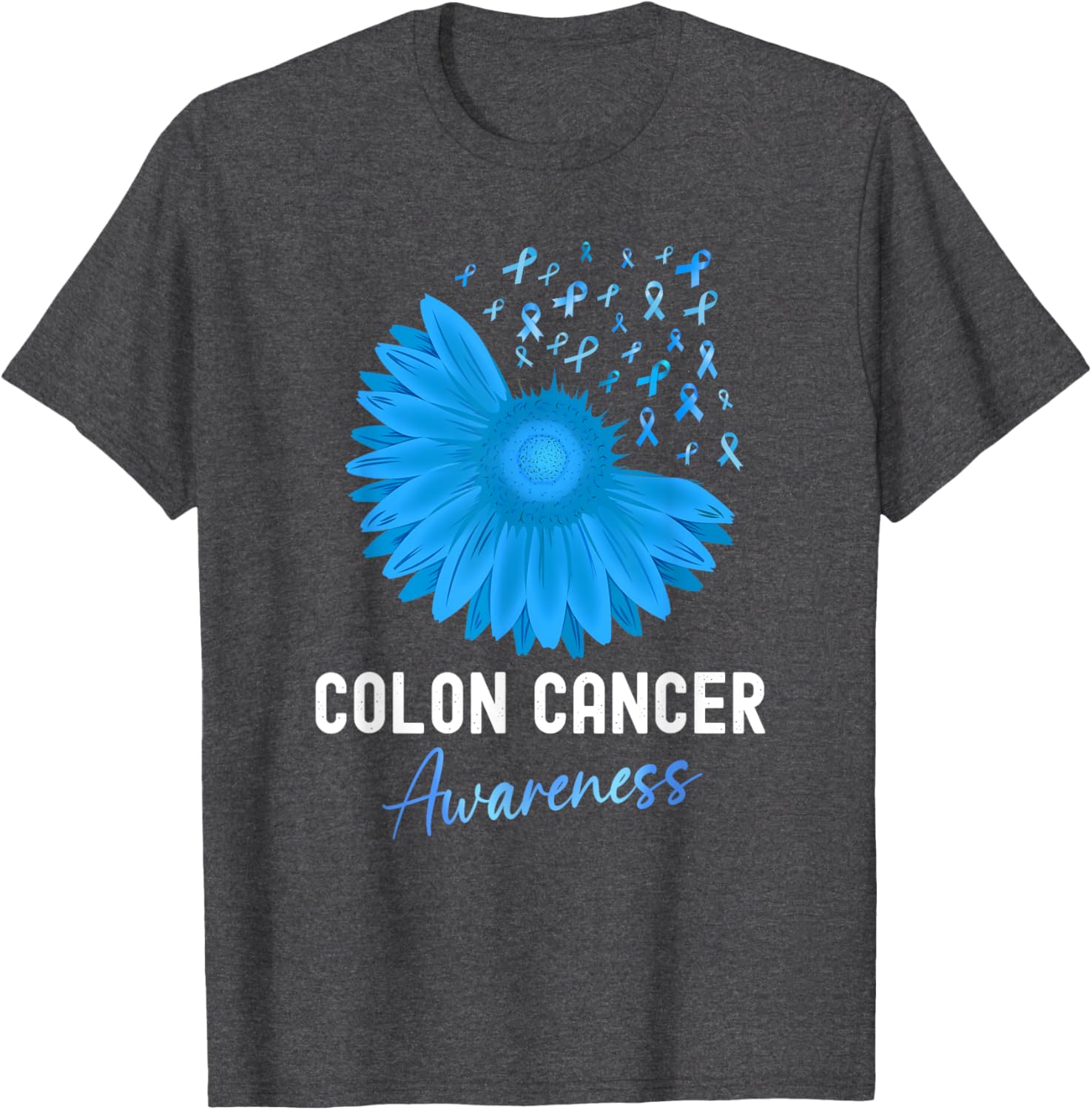 Colorectal Cancer Awareness Blue Ribbon Sunflower T-Shirt for Support - 1