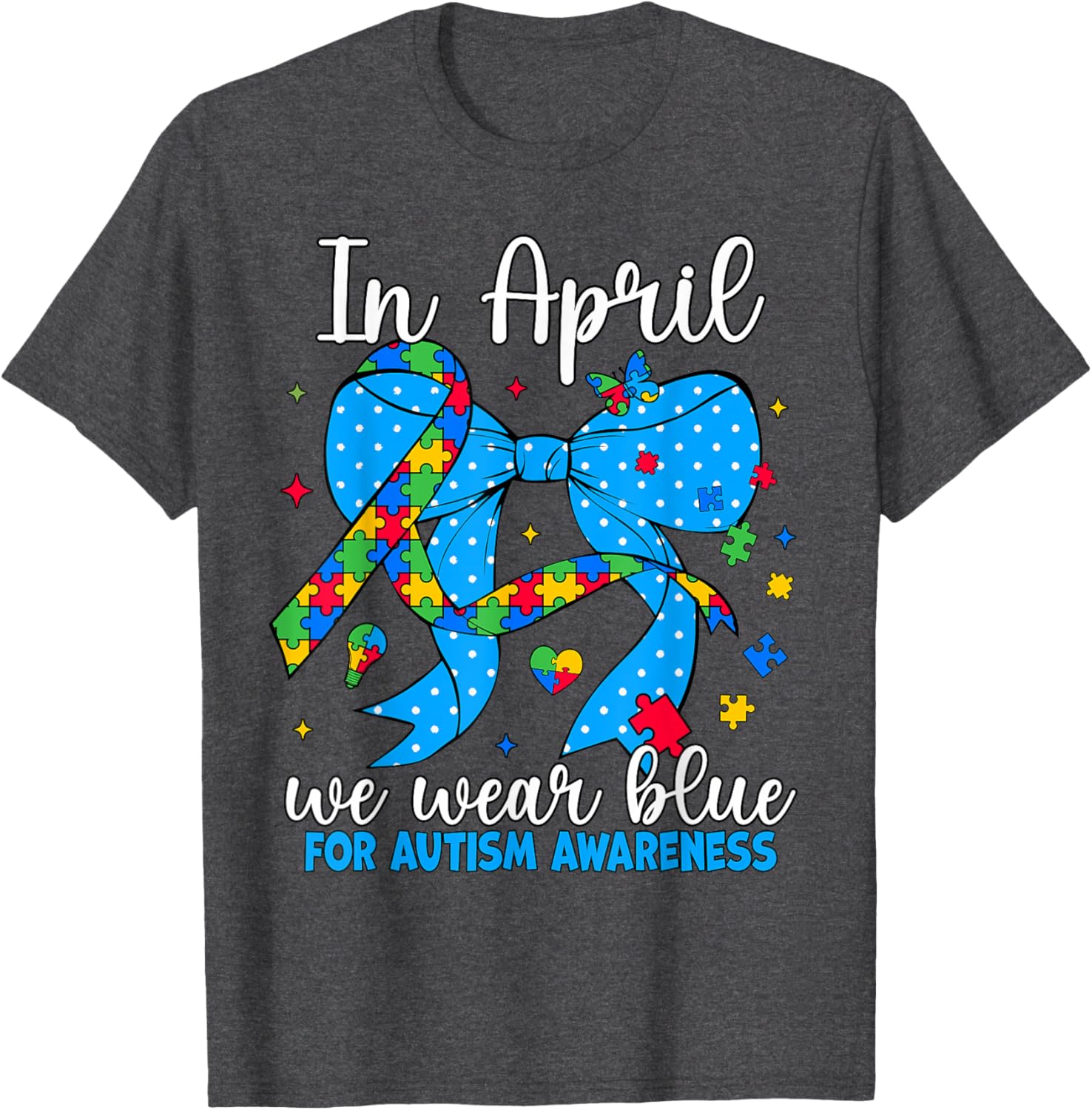 April Autism Awareness Blue Coquette Bow Puzzle T-Shirt for Support - 19