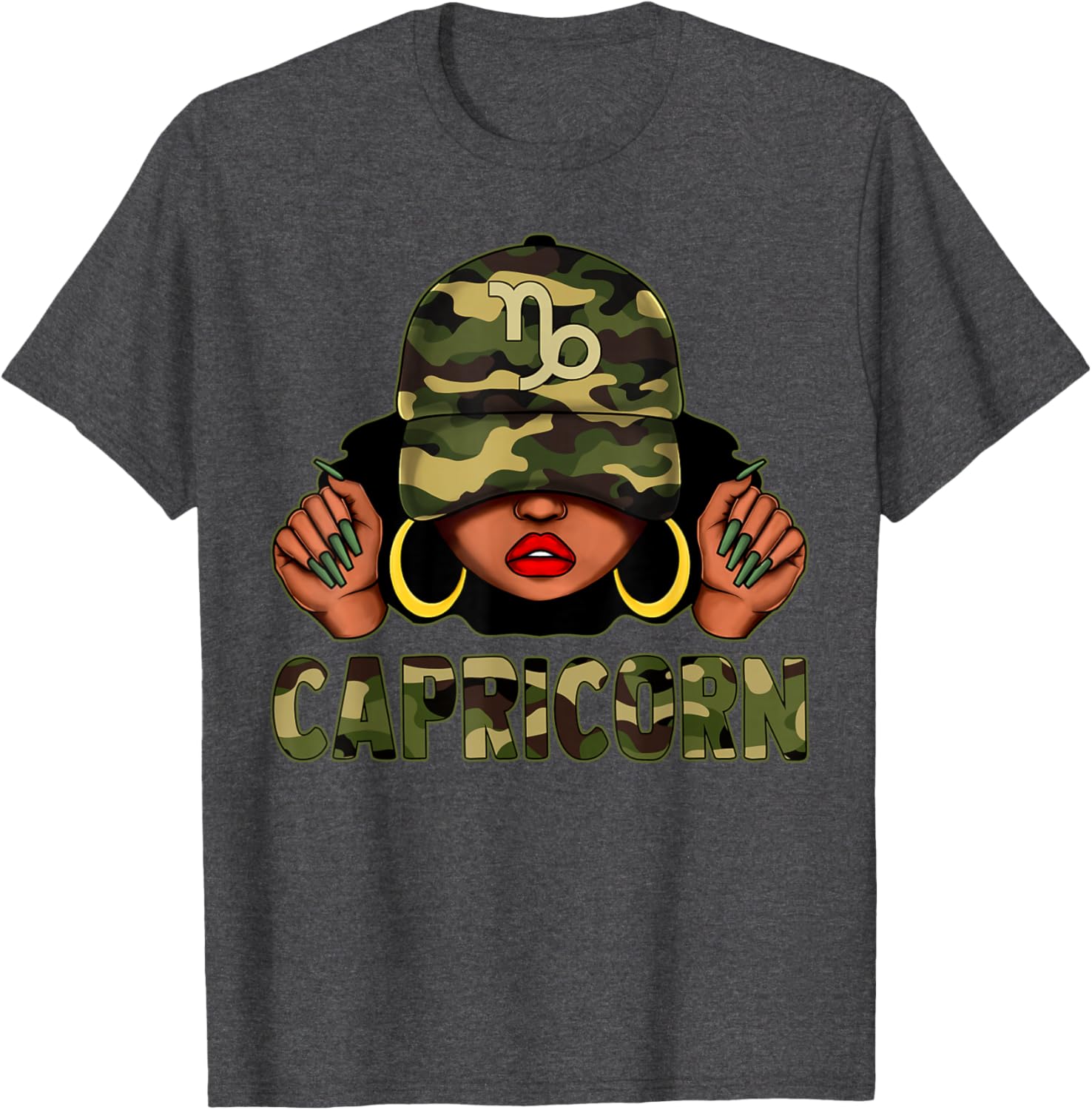 Capricorn Queen Black Woman with Camo Cap Afro Zodiac T-Shirt - 9