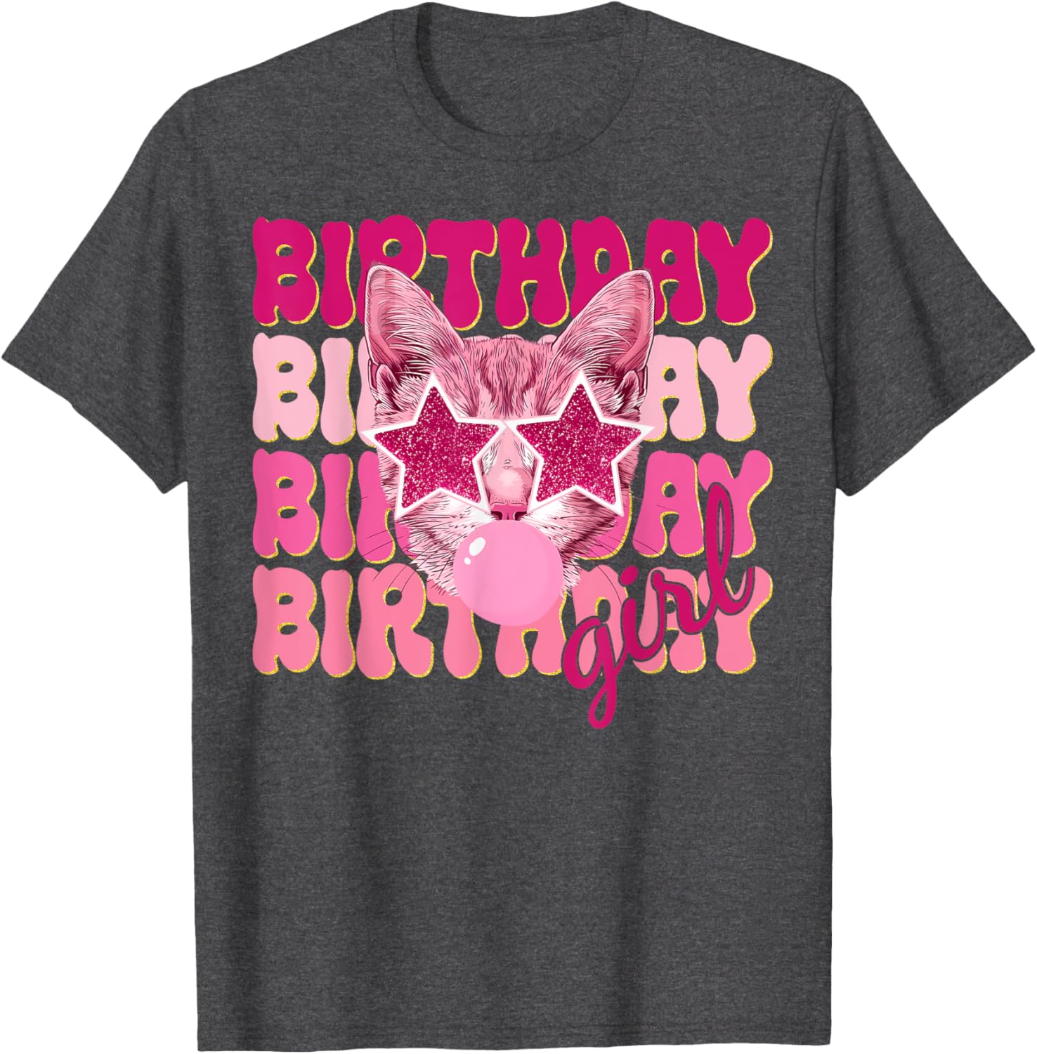 Birthday Girl Cat Bubble Blowing T-Shirt for Women Teens and Kids - 23
