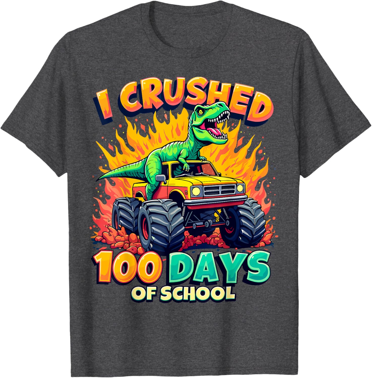 Crushed 100 Days of School Monster Truck Dinosaur T-Shirt for Kids - 11