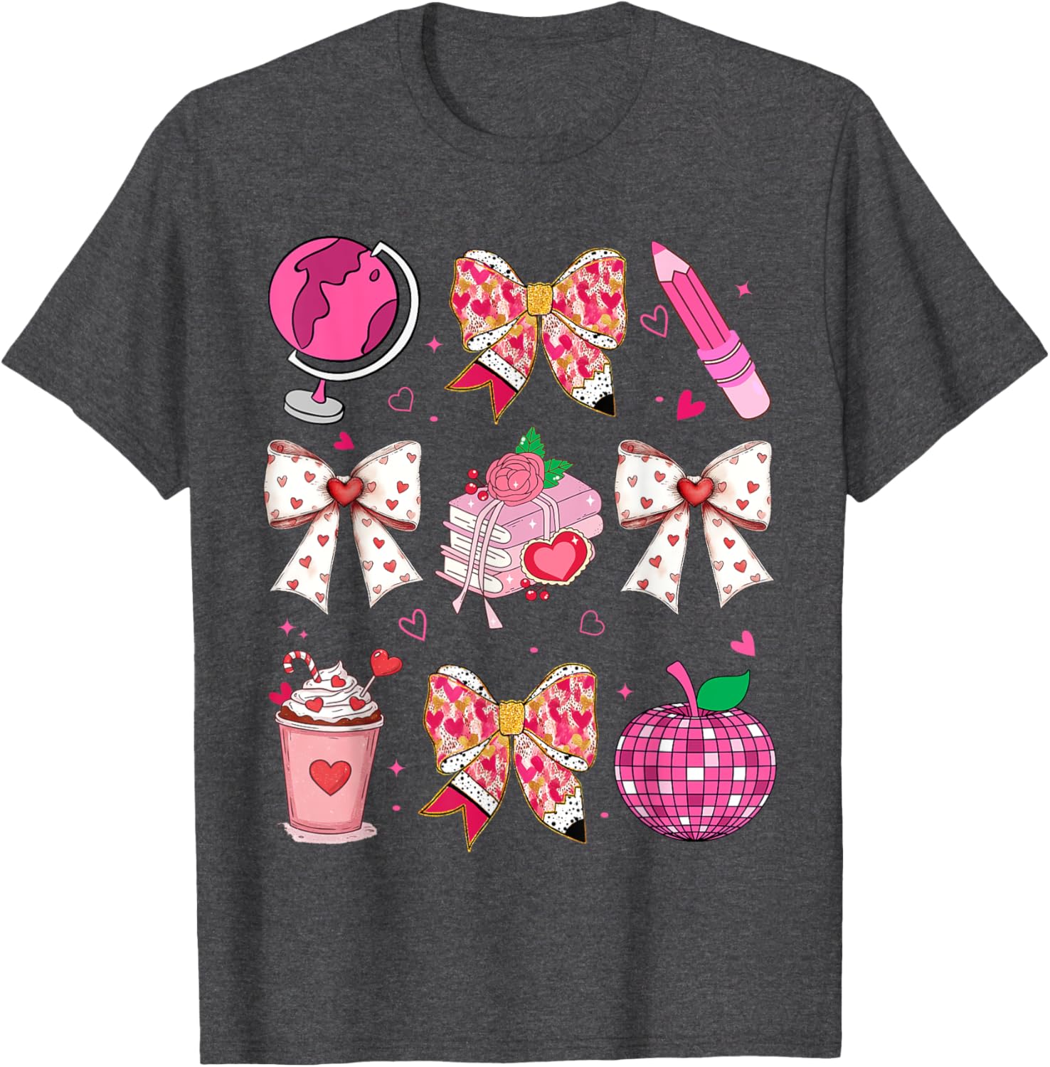 Valentine's Day Heart Bow T-Shirt for Teachers with Disco Ball Charm - 15