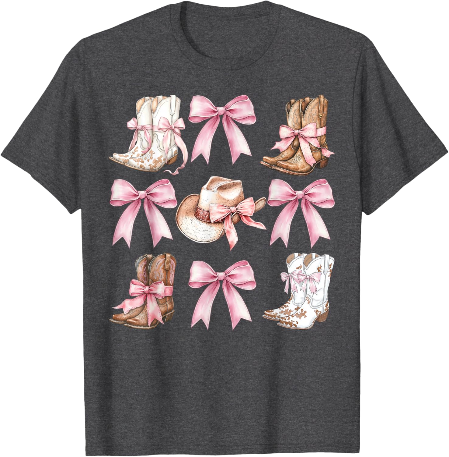 Coquette Cowgirl Boots with Pink Bows Stylish Y2K Womens T-Shirt - 6