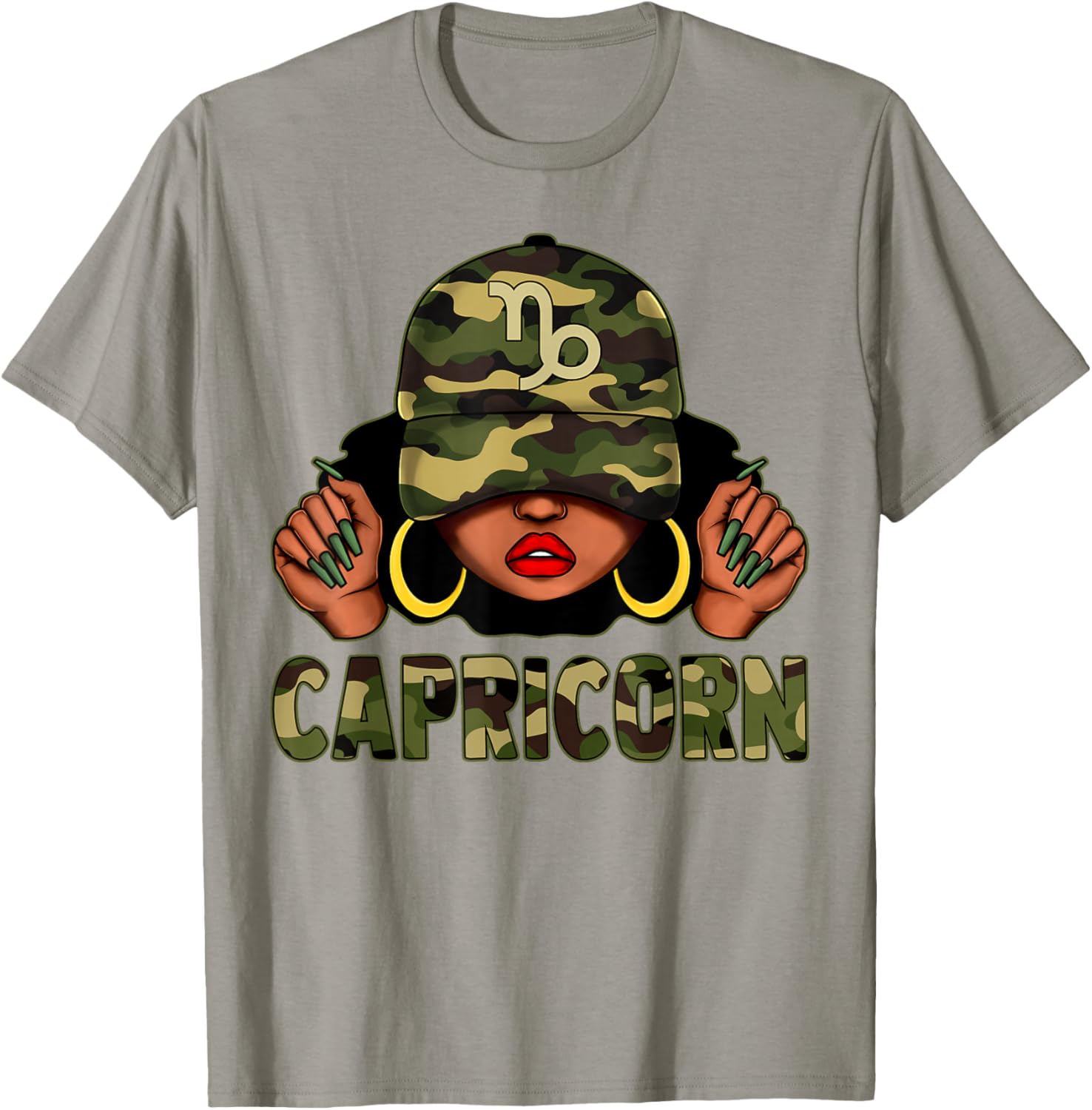 Capricorn Queen Black Woman with Camo Cap Afro Zodiac T-Shirt - 4