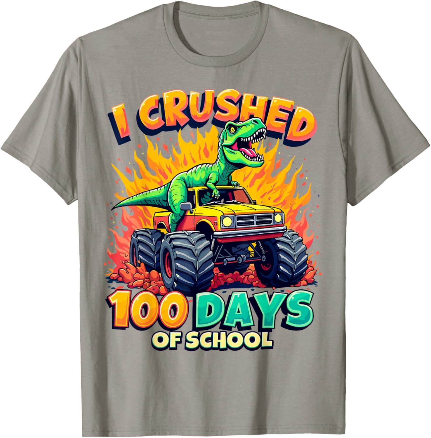 Crushed 100 Days of School Monster Truck Dinosaur T-Shirt for Kids - 10