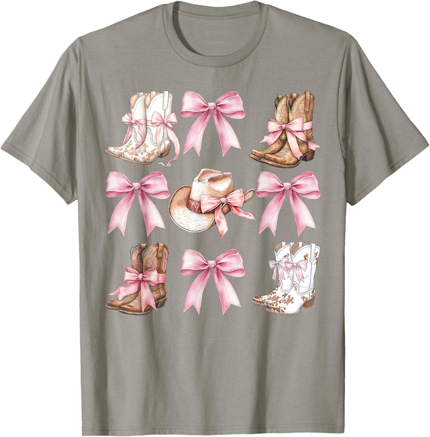 Coquette Cowgirl Boots with Pink Bows Stylish Y2K Womens T-Shirt - 13