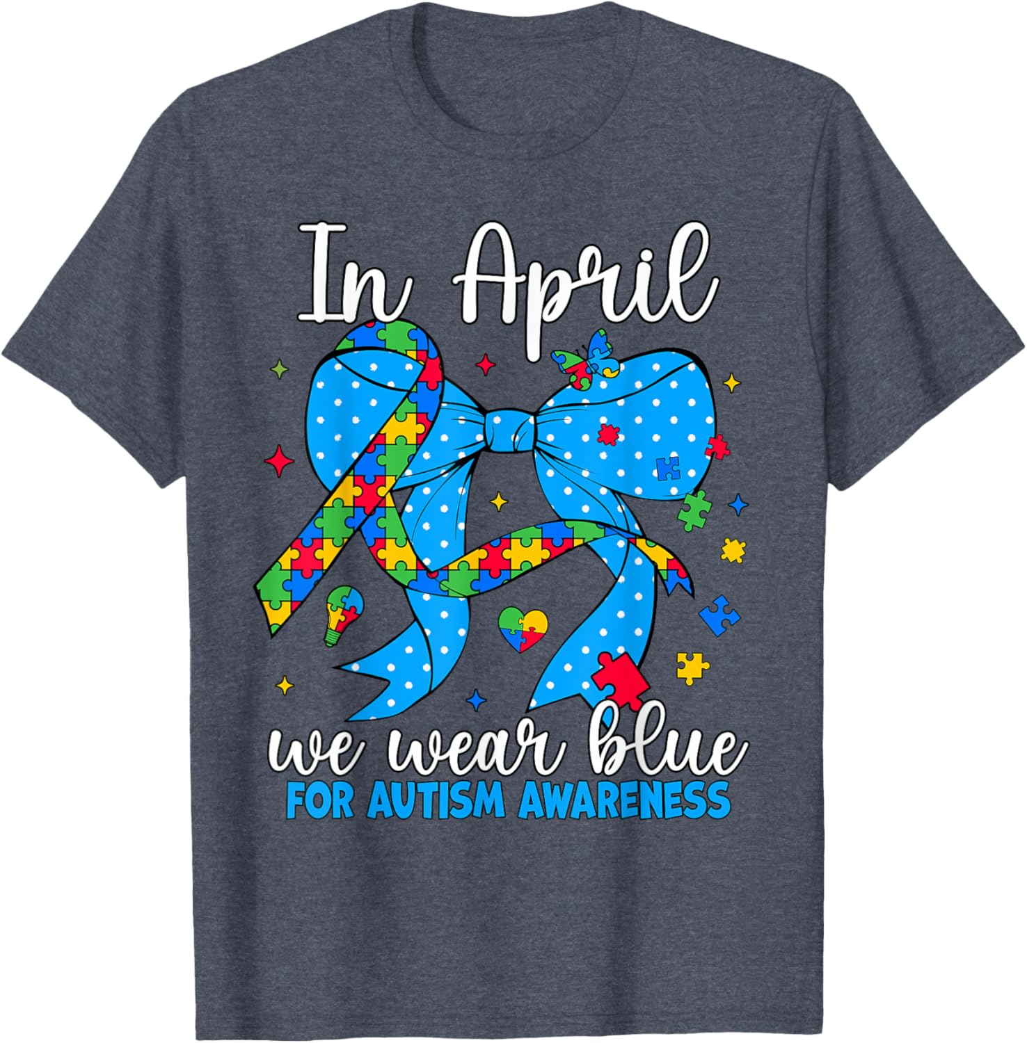 April Autism Awareness Blue Coquette Bow Puzzle T-Shirt for Support - 21