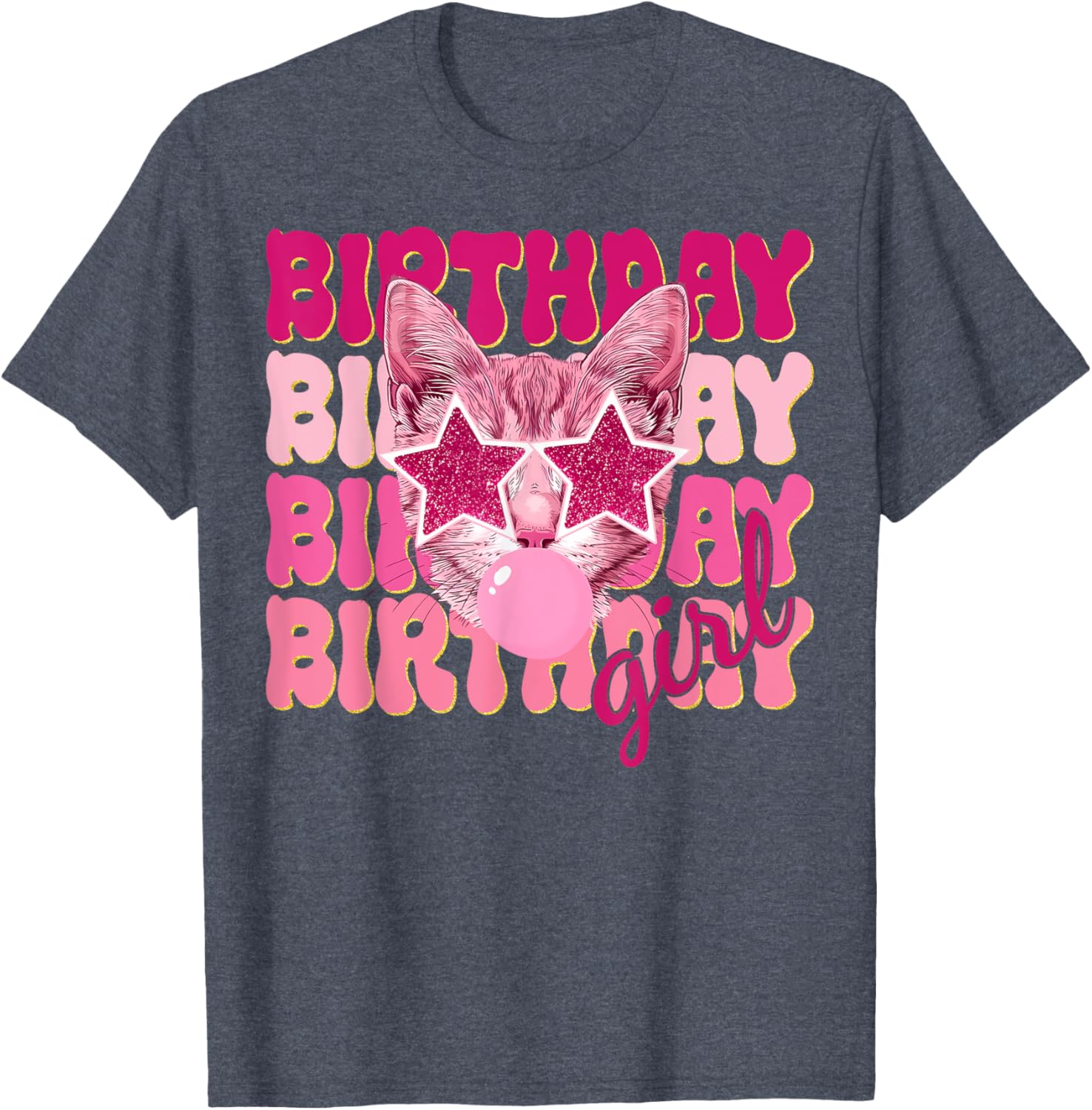 Birthday Girl Cat Bubble Blowing T-Shirt for Women Teens and Kids - 26