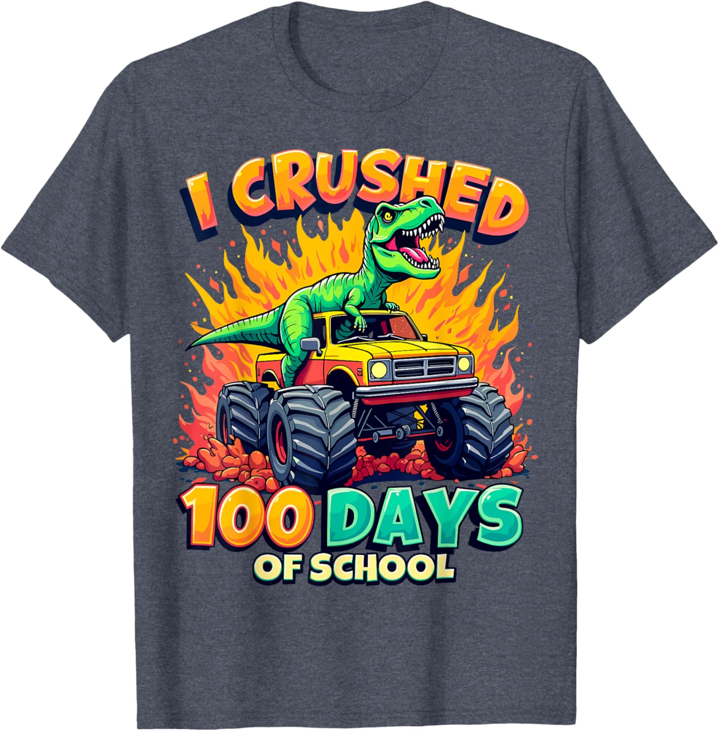 Crushed 100 Days of School Monster Truck Dinosaur T-Shirt for Kids - 1