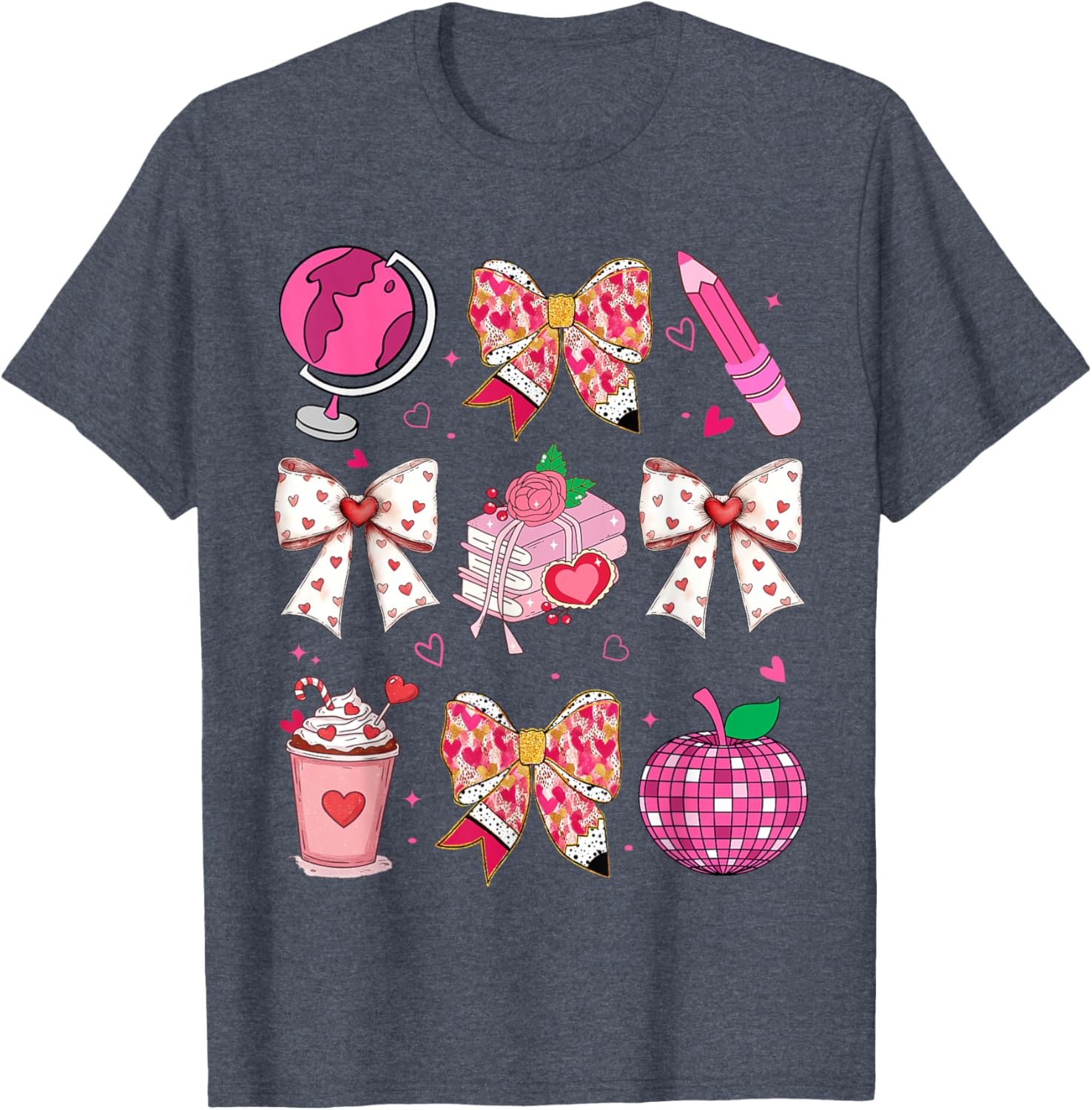 Valentine's Day Heart Bow T-Shirt for Teachers with Disco Ball Charm - 17