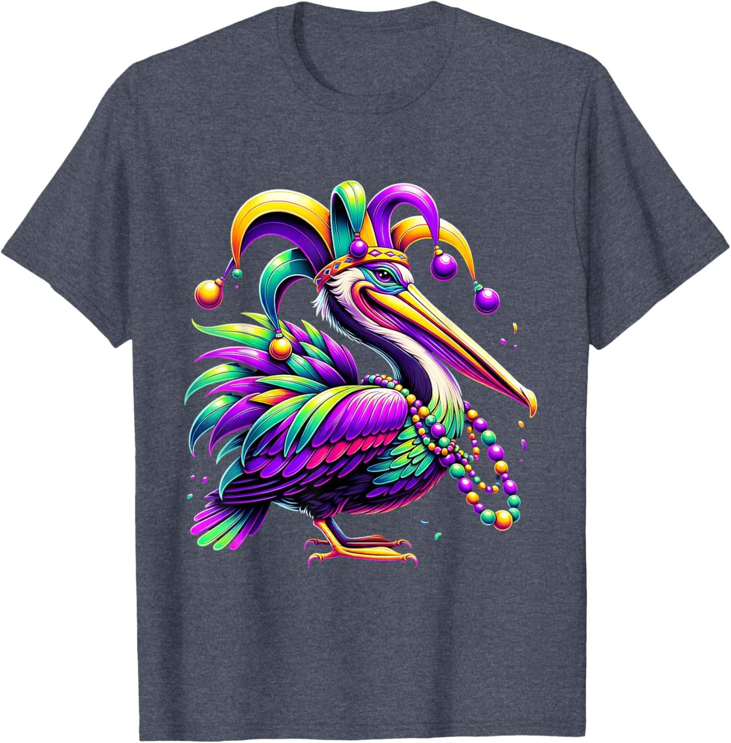 Colorful Mardi Gras Pelican Jester Hat Beads T-Shirt for Festive Fun - 18