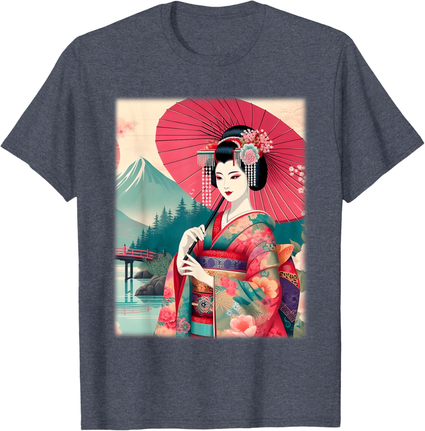 Traditional Japanese Geisha Women's T-Shirt with Hanami Woodblock Art - 2