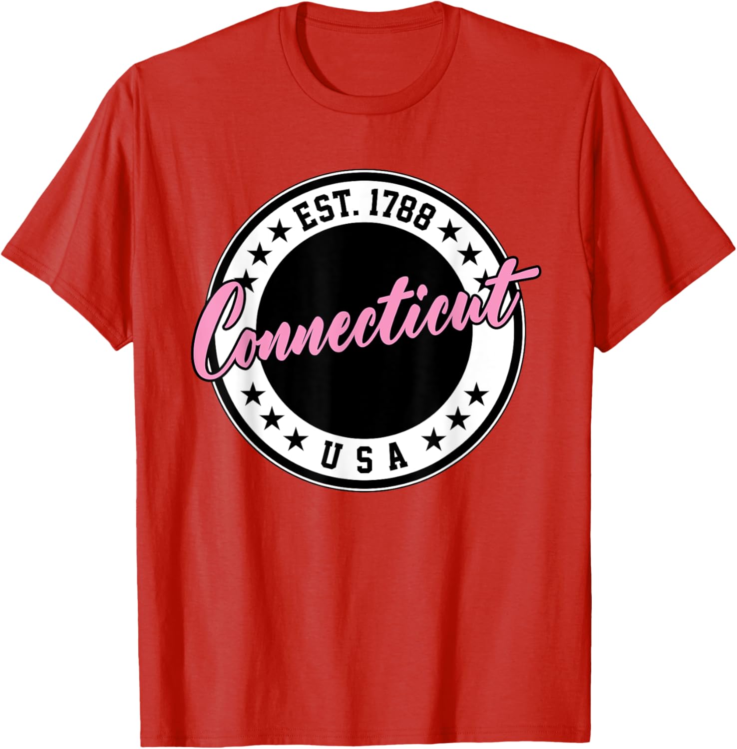 Connecticut Script Circle Pink Text T-Shirt for Casual Style and Comfort - 17