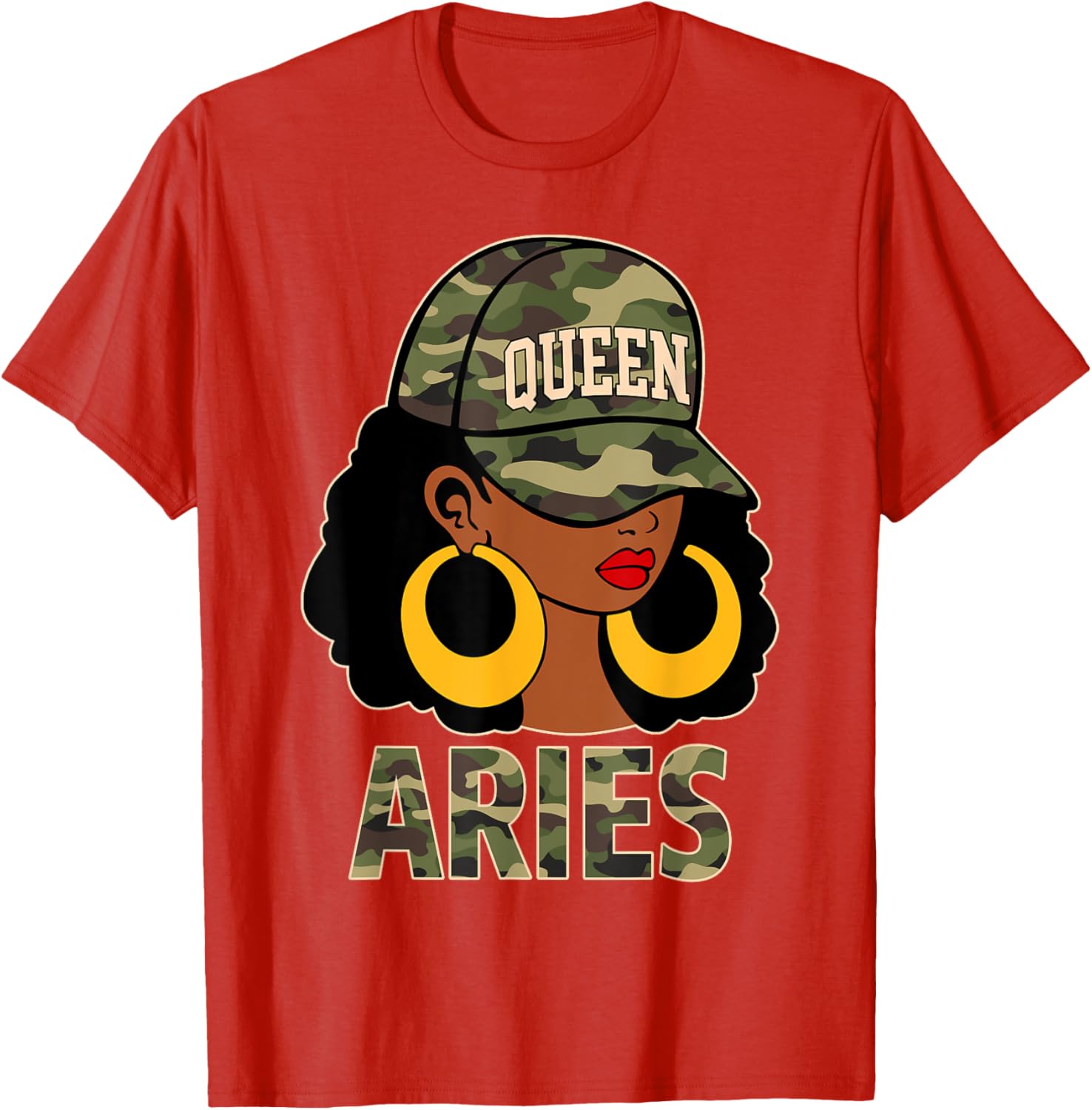 Chic Aries Queen Black Woman Cap Hat and Camo Afro Girl Zodiac T-Shirt - 7