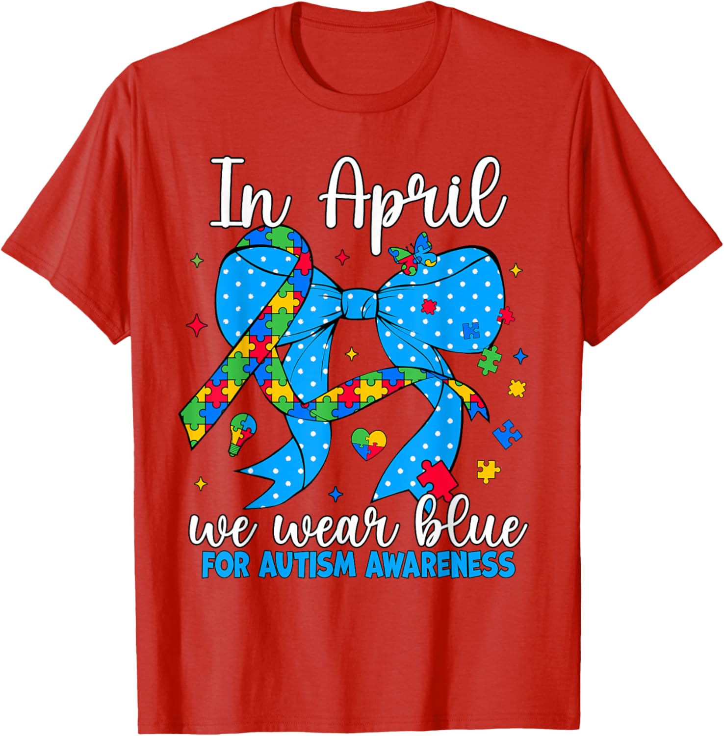 April Autism Awareness Blue Coquette Bow Puzzle T-Shirt for Support - 22
