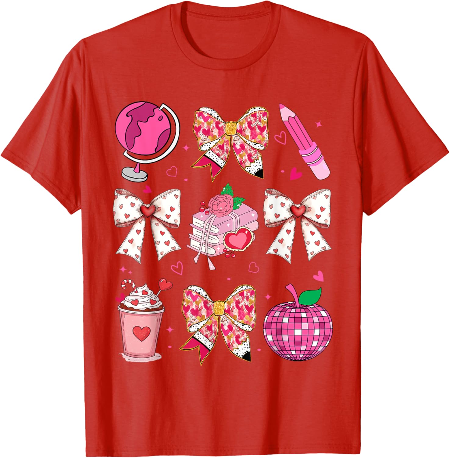 Valentine's Day Heart Bow T-Shirt for Teachers with Disco Ball Charm - 21
