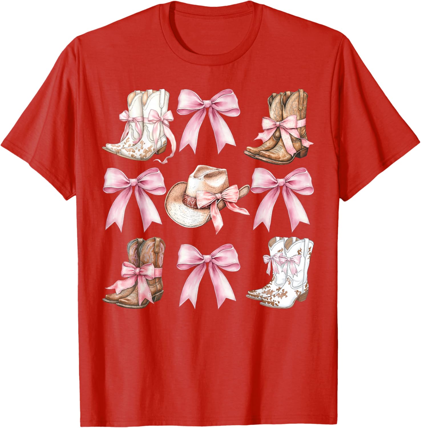 Coquette Cowgirl Boots with Pink Bows Stylish Y2K Womens T-Shirt - 21