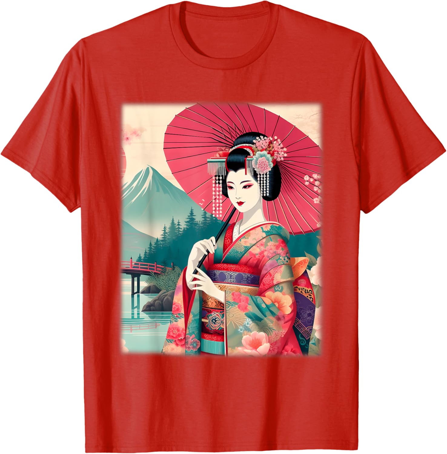 Traditional Japanese Geisha Women's T-Shirt with Hanami Woodblock Art - 15