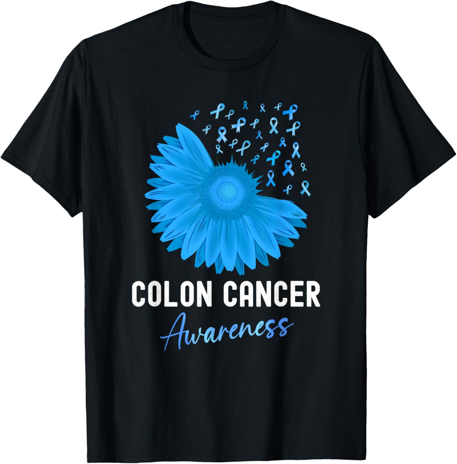 Colorectal Cancer Awareness Blue Ribbon Sunflower T-Shirt for Support - 2